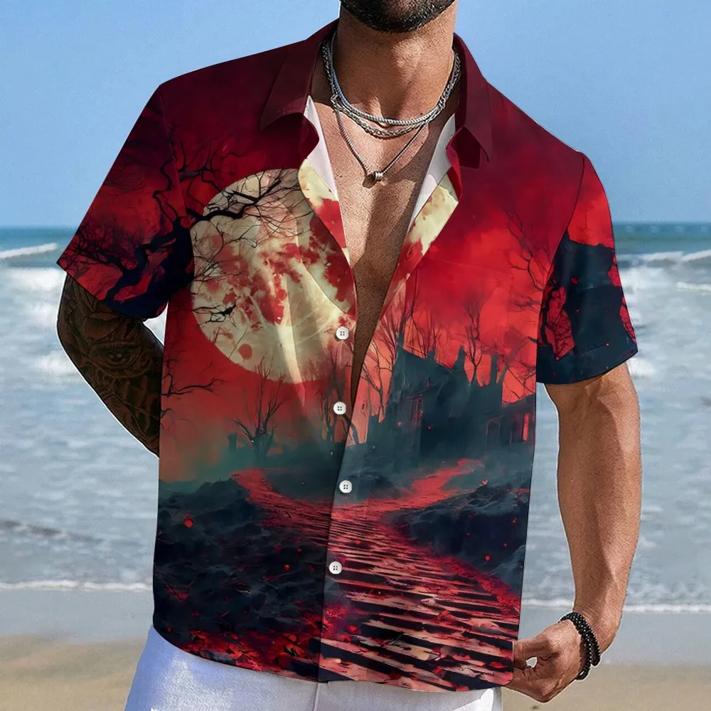 Red Moonlight Horror Castle Printed Casual Large Size Short Sleeve Shirt 2407000593