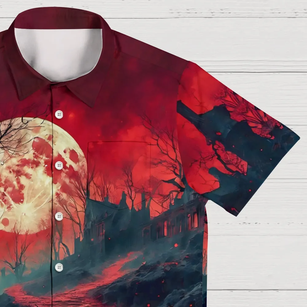 Red Moonlight Horror Castle Printed Casual Large Size Short Sleeve Shirt 2407000593