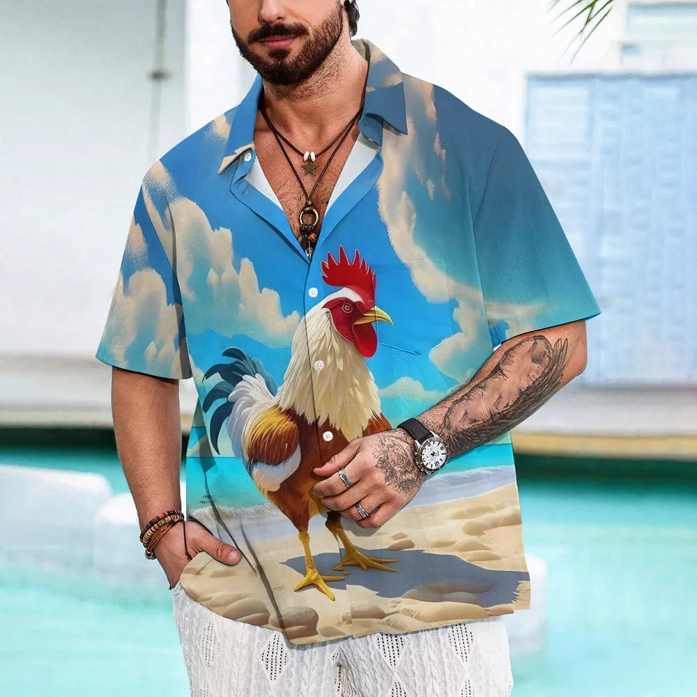 Rooster Print Resort Casual Short Sleeve Shirt 2405002089