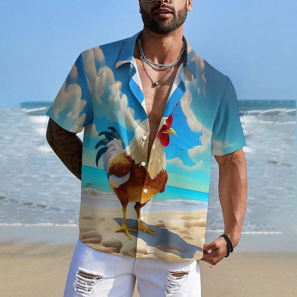 Rooster Print Resort Casual Short Sleeve Shirt 2405002089