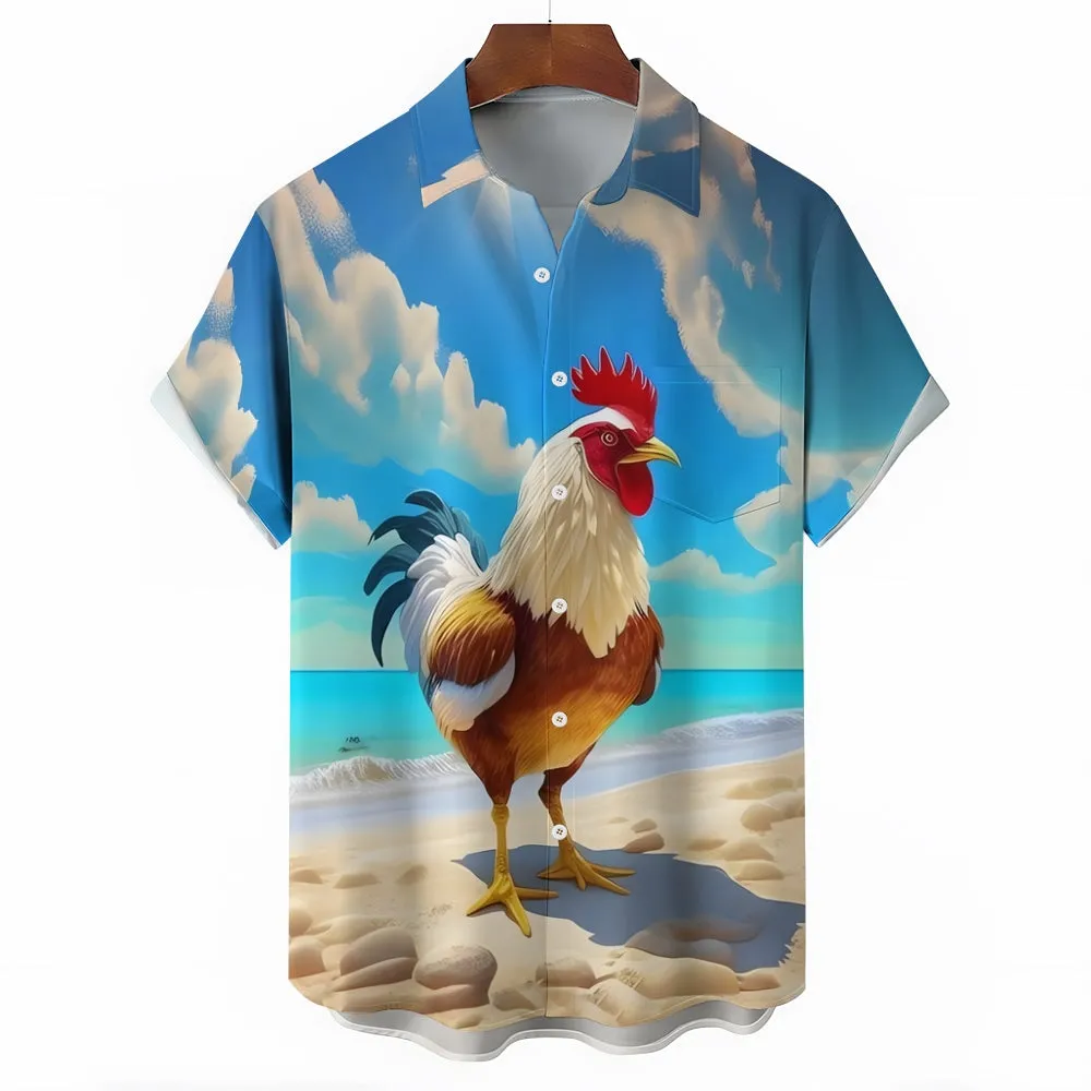 Rooster Print Resort Casual Short Sleeve Shirt 2405002089