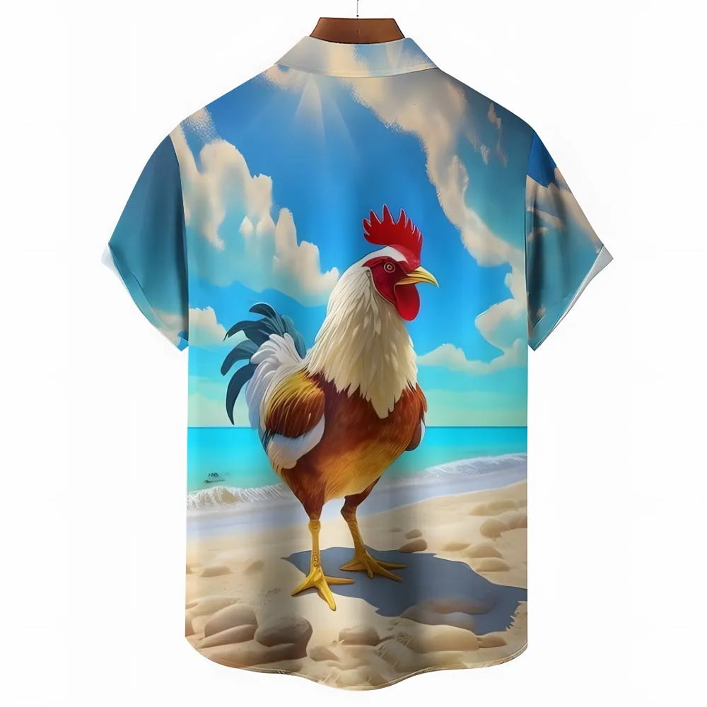 Rooster Print Resort Casual Short Sleeve Shirt 2405002089