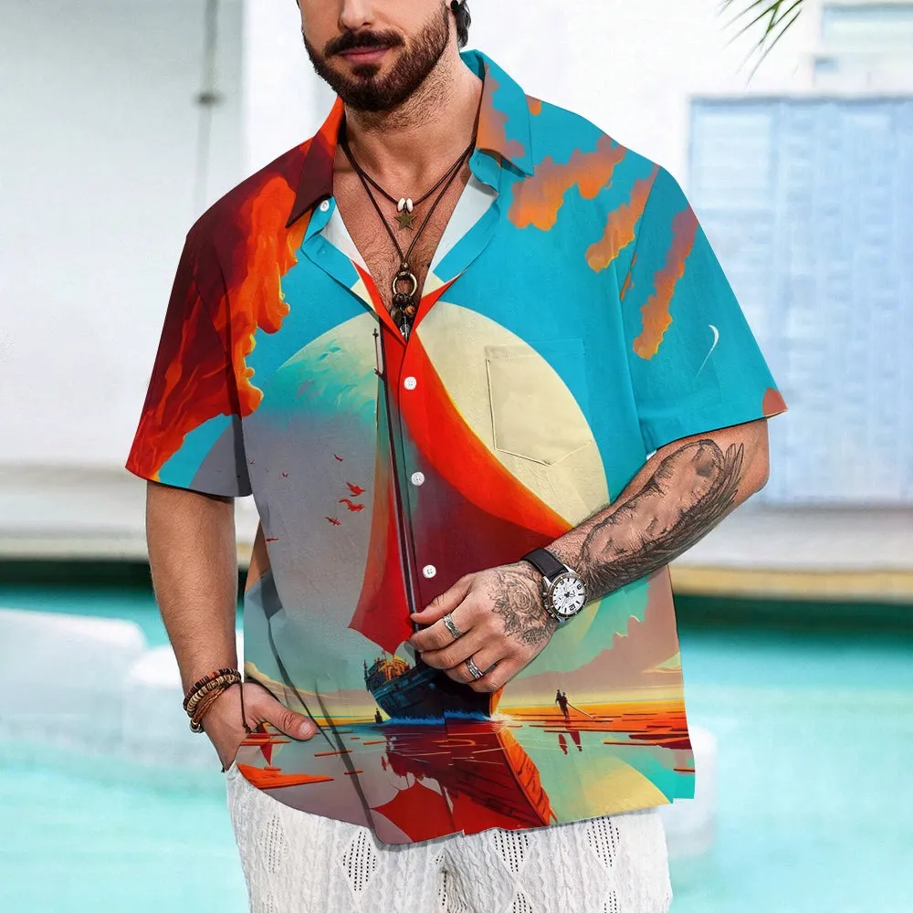 Sailboat Landscape Print Casual Short Sleeve Shirt 2405000464