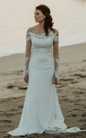 Satin Sheath Off-the-shoulder Casual Beach Wedding Dress With Appliques And Illusion Back-716581