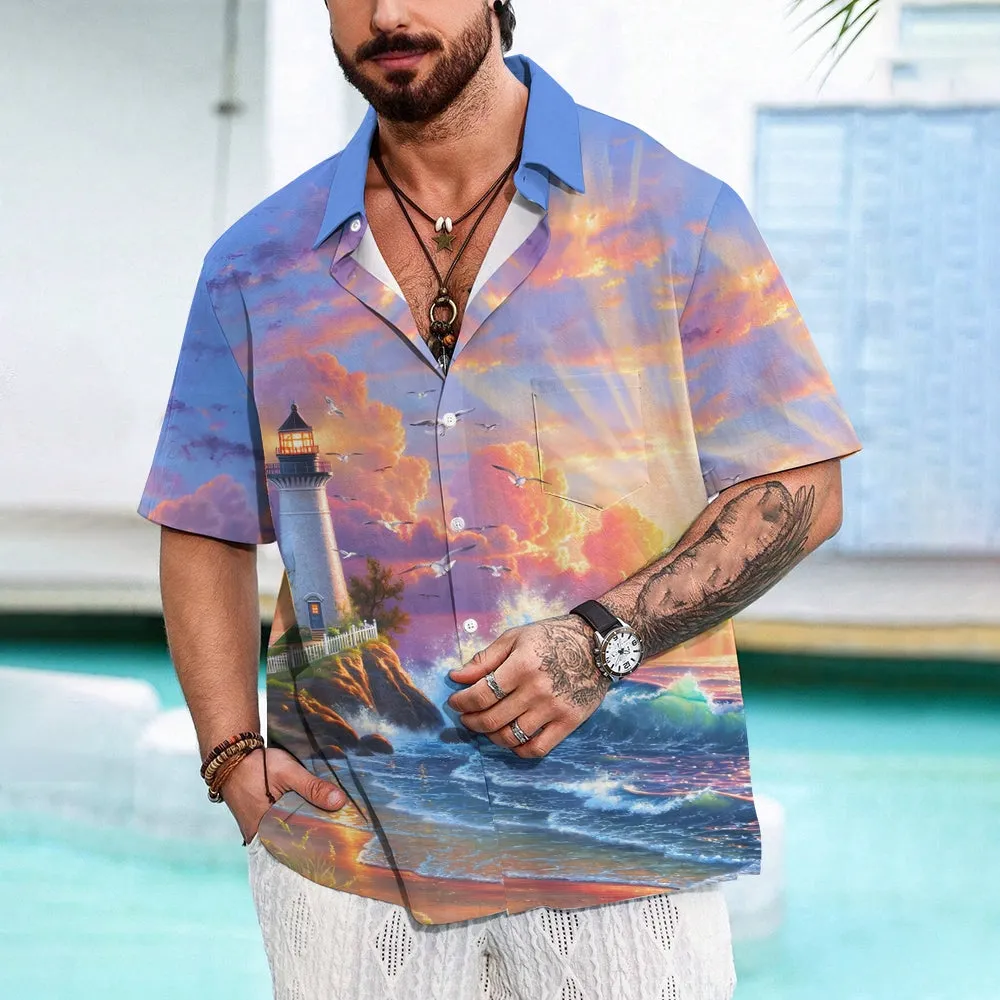 Seaside Landscape Print Casual Short Sleeve Shirt 2408002157