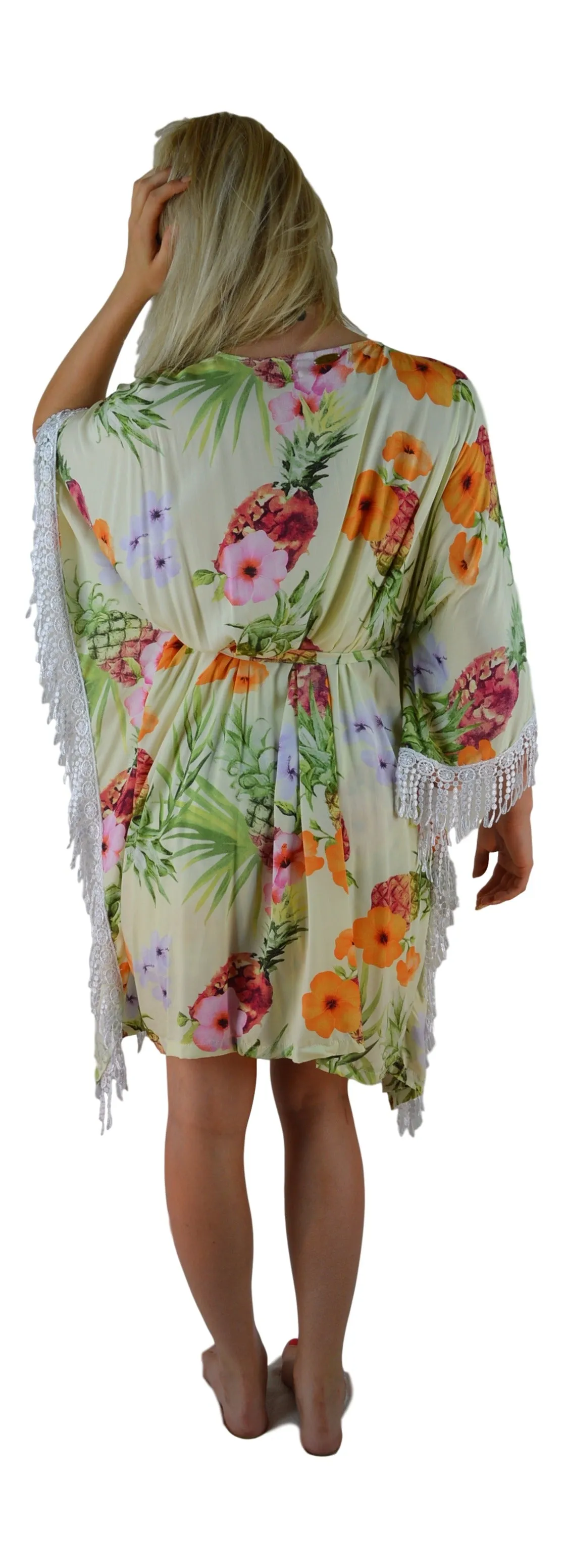 Secret Beach - Haiku Kimono - Long Lace - Hibiscus Pineapple - Yellow