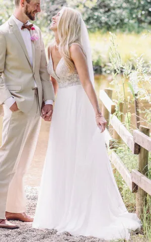 Sexy A-Line Plunging Neckline Spaghetti Chiffon Sequins Wedding Dress With Open Back-716625