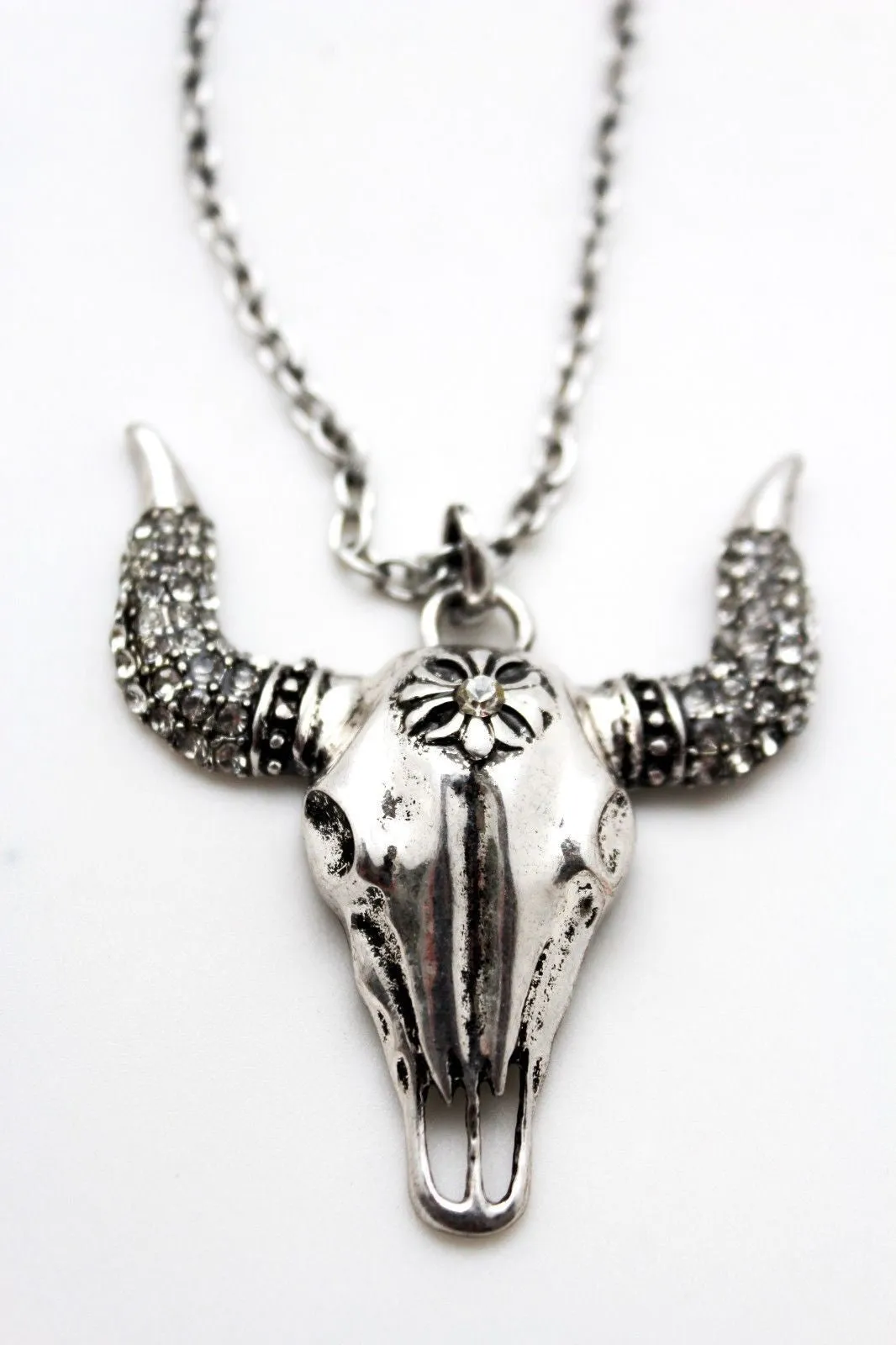 Silver Metal Chain Big Bull Skull Turquoise Blue Bead Skeleton Texas Western Necklace
