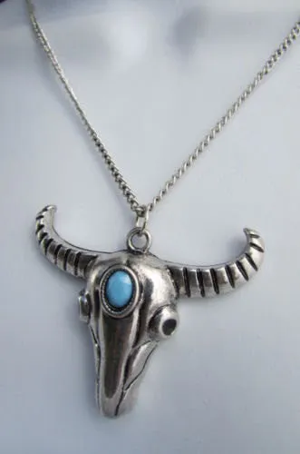 Silver Metal Chain Big Bull Skull Turquoise Blue Bead Skeleton Texas Western Necklace