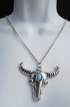 Silver Metal Chain Big Bull Skull Turquoise Blue Bead Skeleton Texas Western Necklace