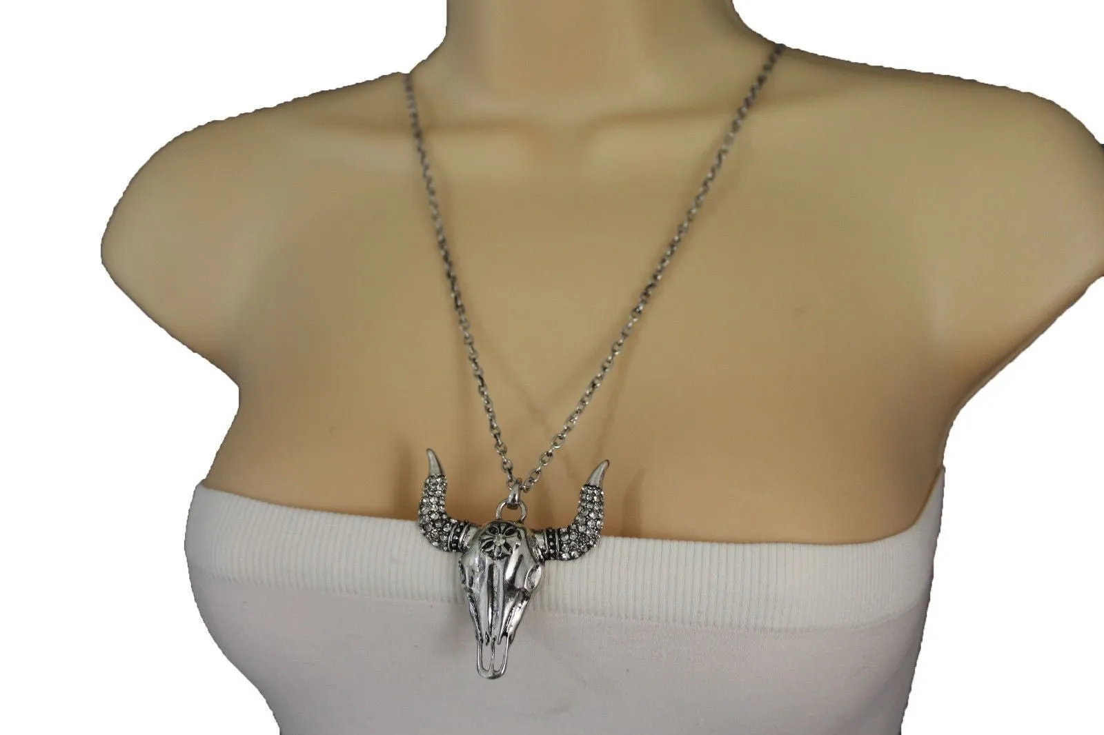 Silver Metal Chain Big Bull Skull Turquoise Blue Bead Skeleton Texas Western Necklace