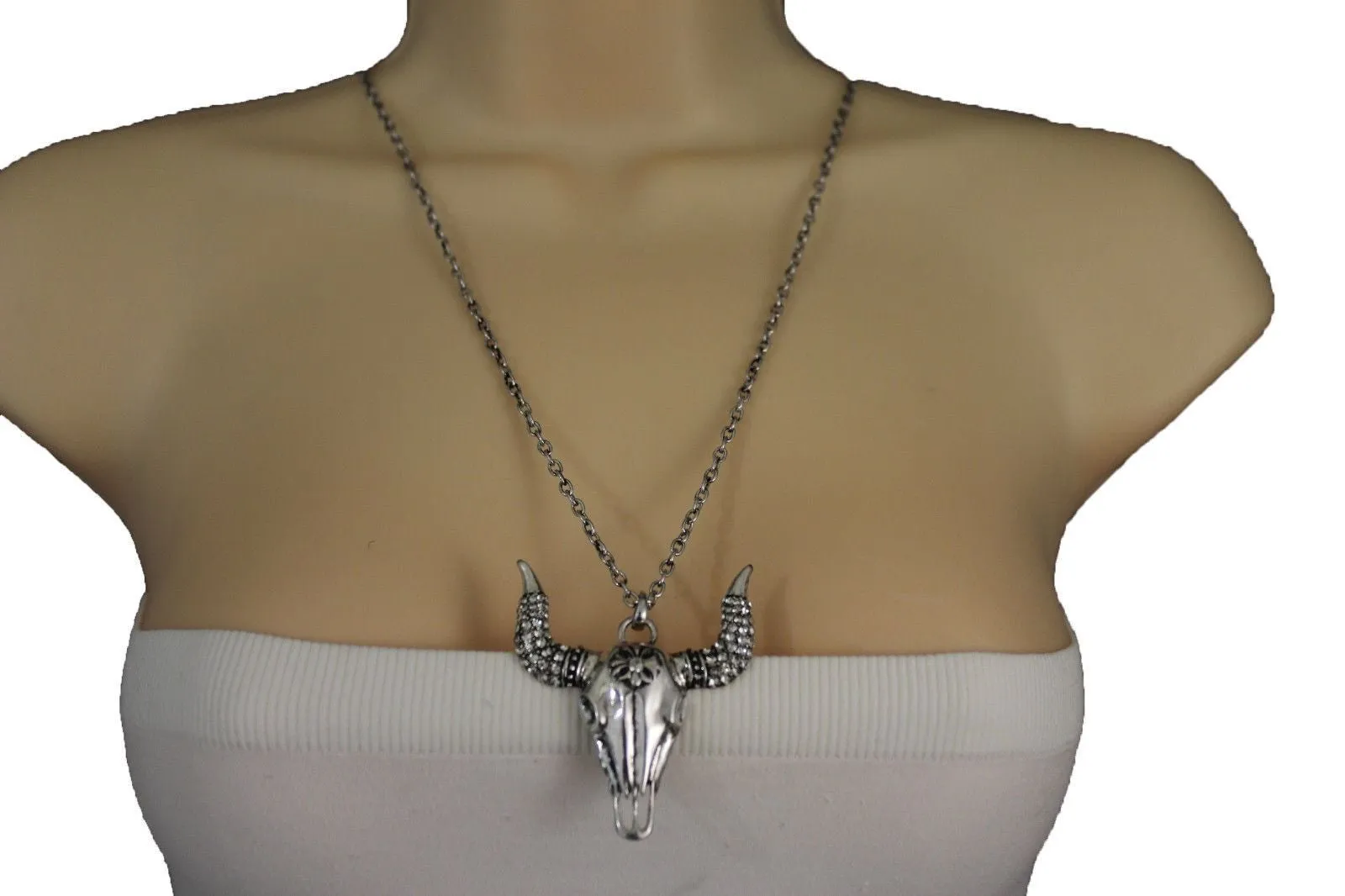 Silver Metal Chain Big Bull Skull Turquoise Blue Bead Skeleton Texas Western Necklace