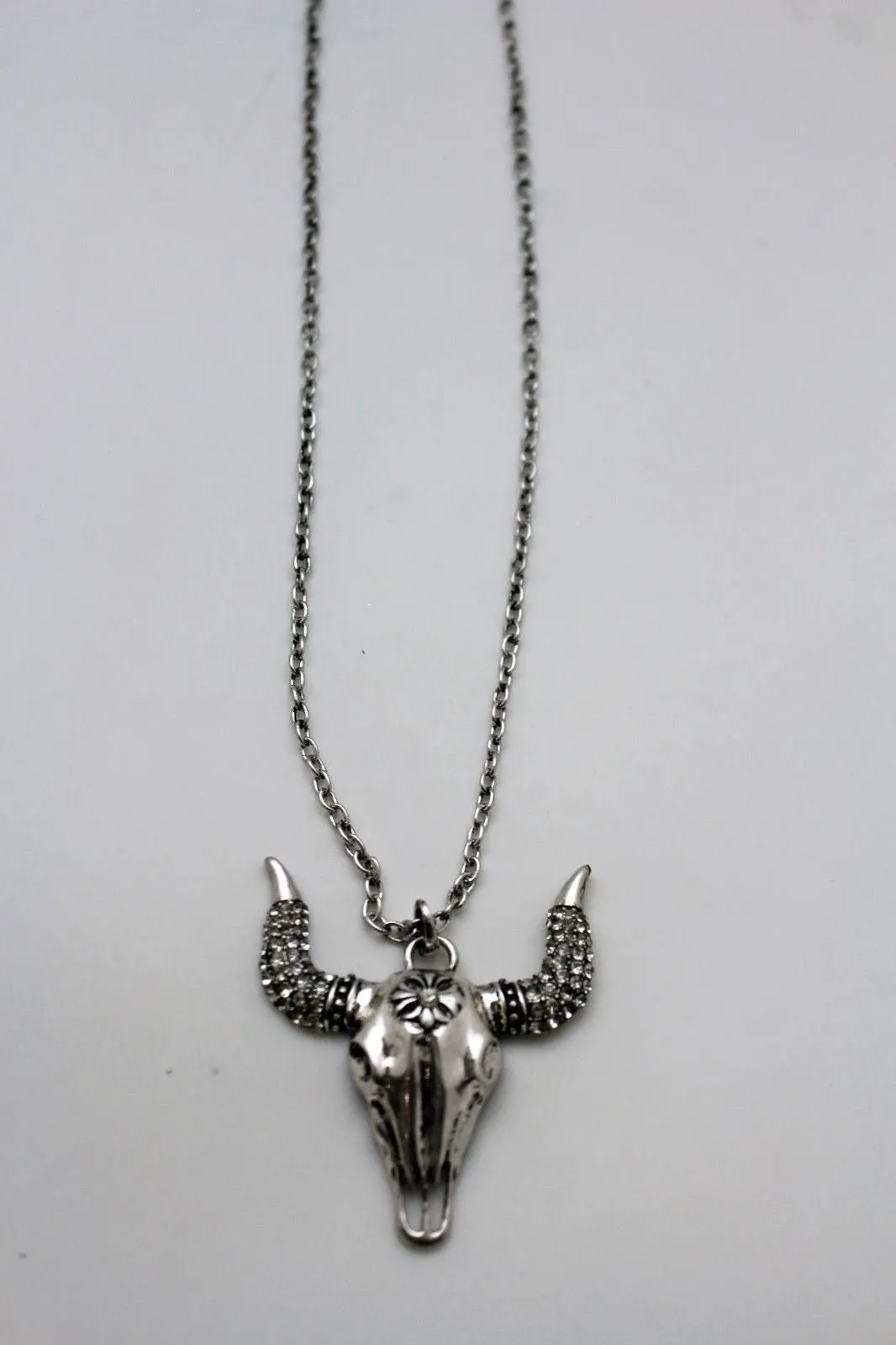 Silver Metal Chain Big Bull Skull Turquoise Blue Bead Skeleton Texas Western Necklace