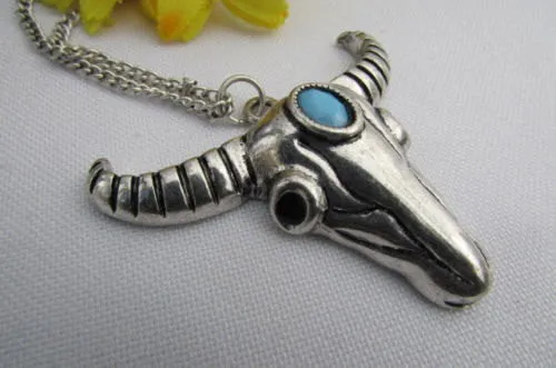 Silver Metal Chain Big Bull Skull Turquoise Blue Bead Skeleton Texas Western Necklace