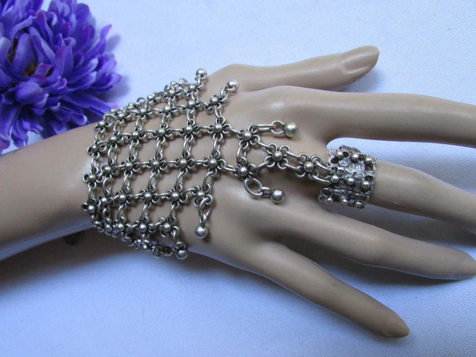 Silver Metal Hand Chain Bracelet Multi Small Balls Mini Flowers