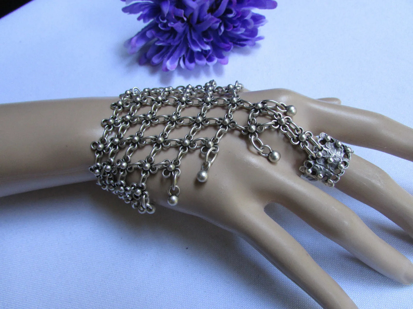 Silver Metal Hand Chain Bracelet Multi Small Balls Mini Flowers