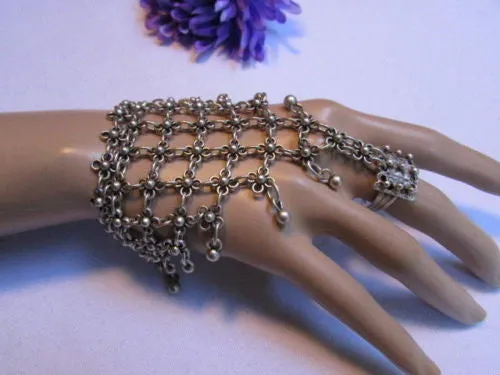 Silver Metal Hand Chain Bracelet Multi Small Balls Mini Flowers
