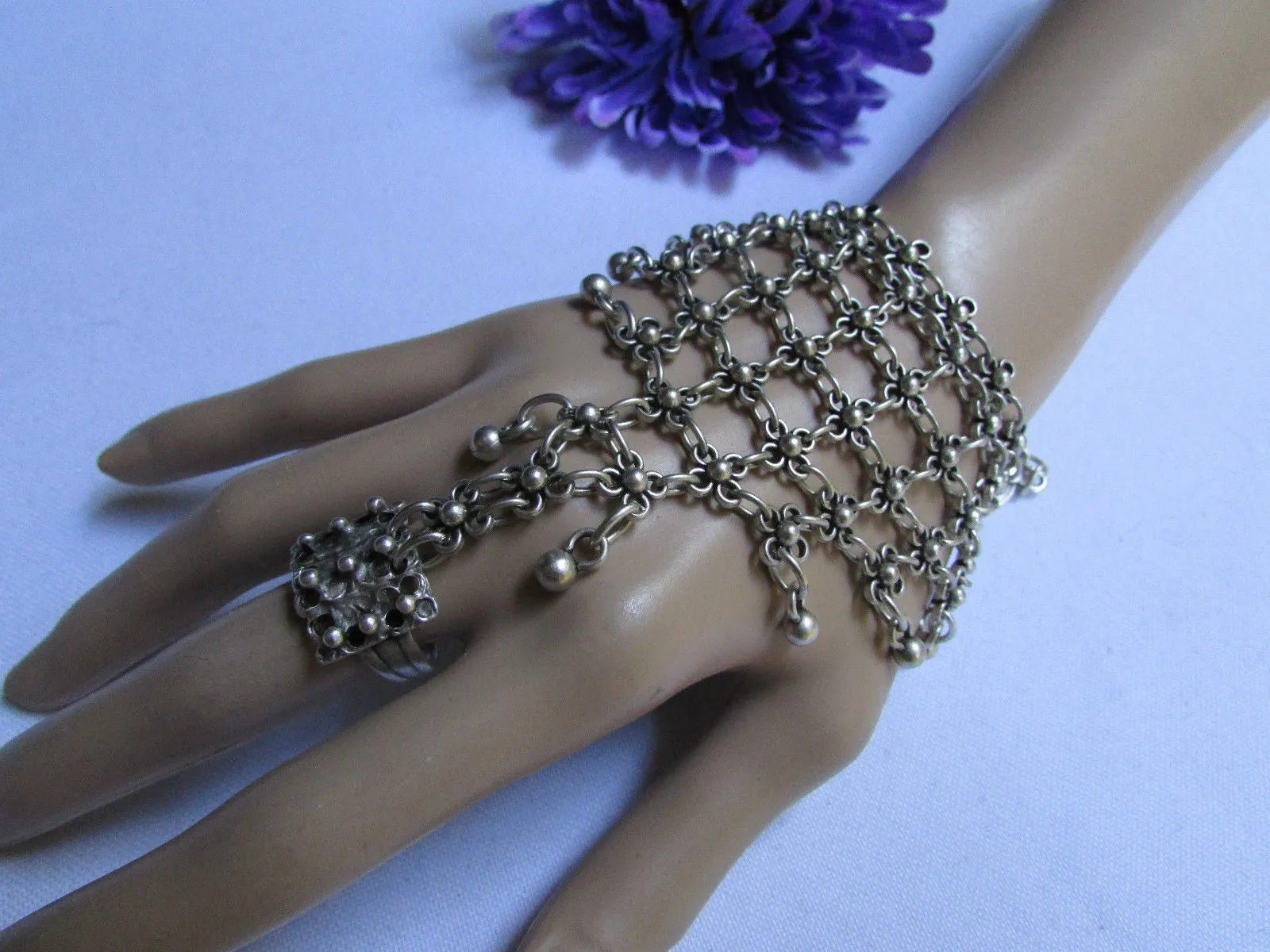 Silver Metal Hand Chain Bracelet Multi Small Balls Mini Flowers