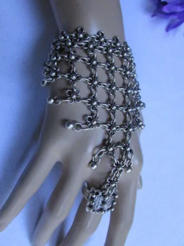 Silver Metal Hand Chain Bracelet Multi Small Balls Mini Flowers