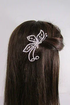Silver Metal Head Hair Pin Rhinestones Big Butterfly
