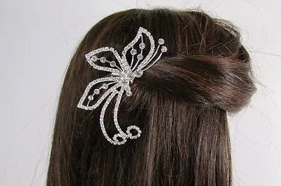 Silver Metal Head Hair Pin Rhinestones Big Butterfly