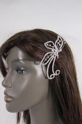 Silver Metal Head Hair Pin Rhinestones Big Butterfly