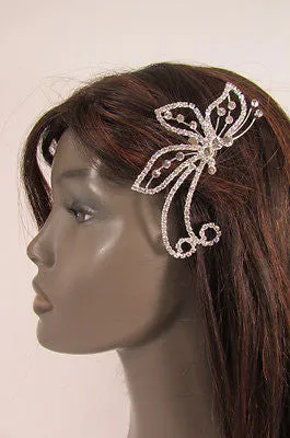 Silver Metal Head Hair Pin Rhinestones Big Butterfly