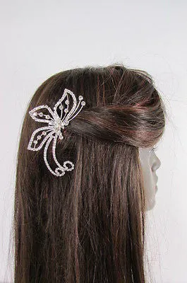 Silver Metal Head Hair Pin Rhinestones Big Butterfly