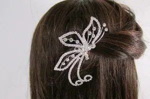 Silver Metal Head Hair Pin Rhinestones Big Butterfly