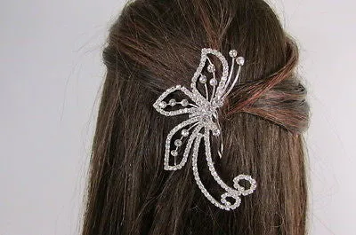 Silver Metal Head Hair Pin Rhinestones Big Butterfly