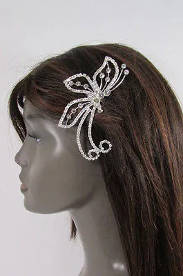 Silver Metal Head Hair Pin Rhinestones Big Butterfly