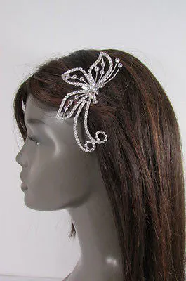 Silver Metal Head Hair Pin Rhinestones Big Butterfly