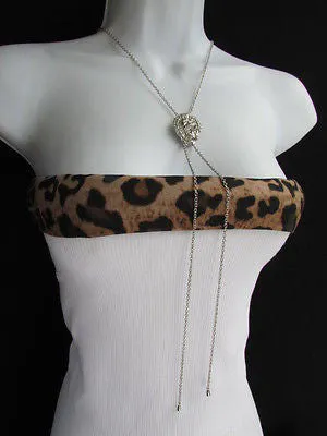 Silver Metal Long Chains Lion's Head Small Pendant Necklace