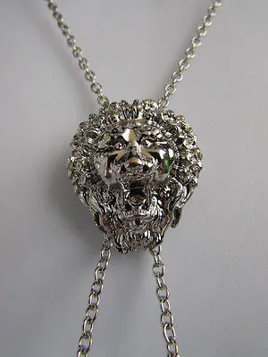 Silver Metal Long Chains Lion's Head Small Pendant Necklace