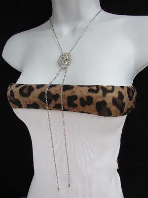 Silver Metal Long Chains Lion's Head Small Pendant Necklace