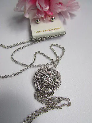 Silver Metal Long Chains Lion's Head Small Pendant Necklace