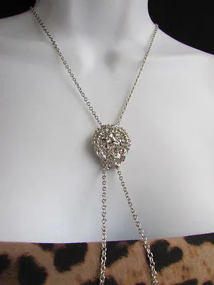 Silver Metal Long Chains Lion's Head Small Pendant Necklace
