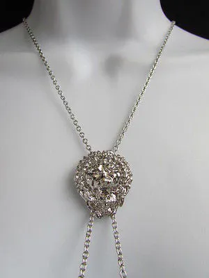 Silver Metal Long Chains Lion's Head Small Pendant Necklace