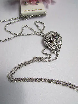 Silver Metal Long Chains Lion's Head Small Pendant Necklace