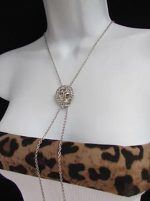 Silver Metal Long Chains Lion's Head Small Pendant Necklace