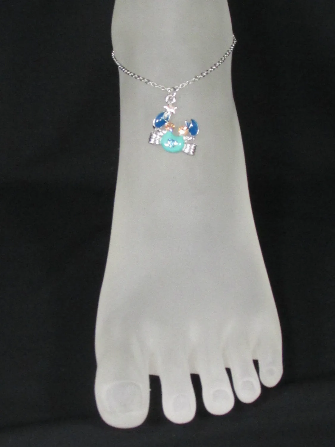 Silver Metal Thin Chains Casual Fashion Anklet Foot Big Blue Sea Ocean Crab Charm