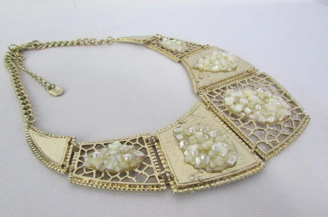 Silver Or Gold Stones Metal Plates Classic Necklace Earrings Set