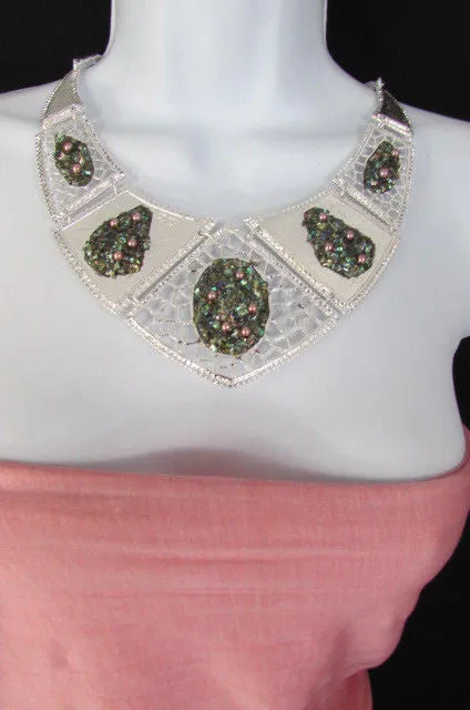 Silver Or Gold Stones Metal Plates Classic Necklace Earrings Set