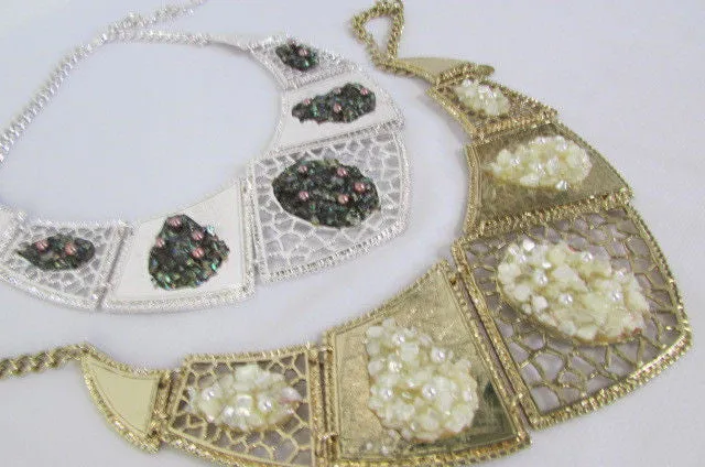 Silver Or Gold Stones Metal Plates Classic Necklace Earrings Set