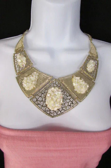 Silver Or Gold Stones Metal Plates Classic Necklace Earrings Set