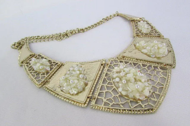 Silver Or Gold Stones Metal Plates Classic Necklace Earrings Set