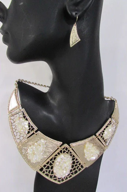 Silver Or Gold Stones Metal Plates Classic Necklace Earrings Set