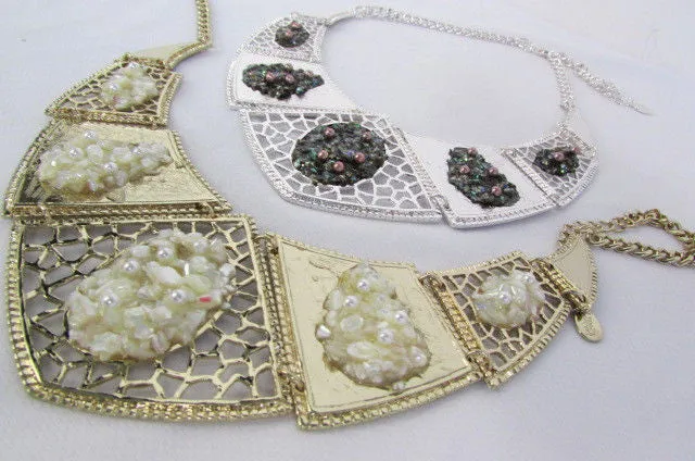 Silver Or Gold Stones Metal Plates Classic Necklace Earrings Set