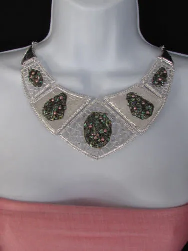 Silver Or Gold Stones Metal Plates Classic Necklace Earrings Set