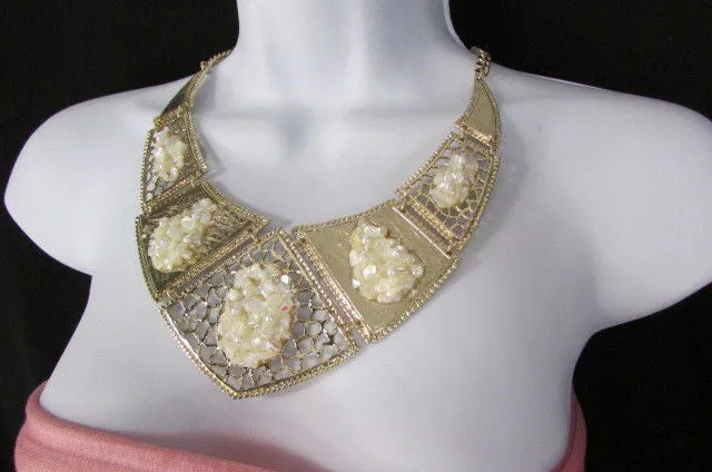 Silver Or Gold Stones Metal Plates Classic Necklace Earrings Set